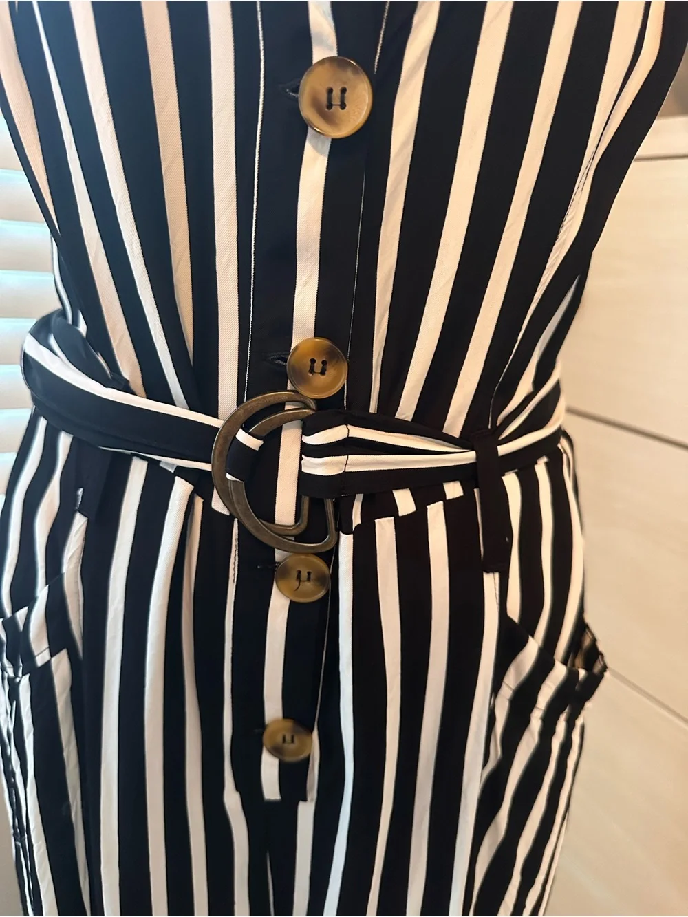 Free People Black and White Striped Sleeveless Jumpsuit with Waist Tie